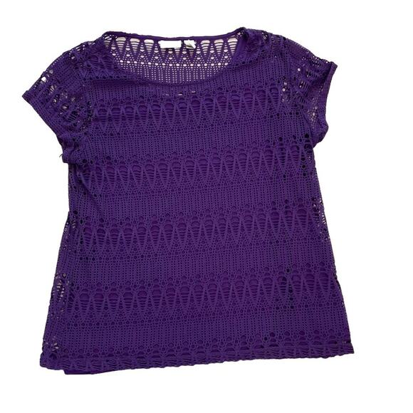 Chico's Purple Crochet Short Sleeve Open Knit Top Built in Tank, Lined, Size L - Picture 1 of 11